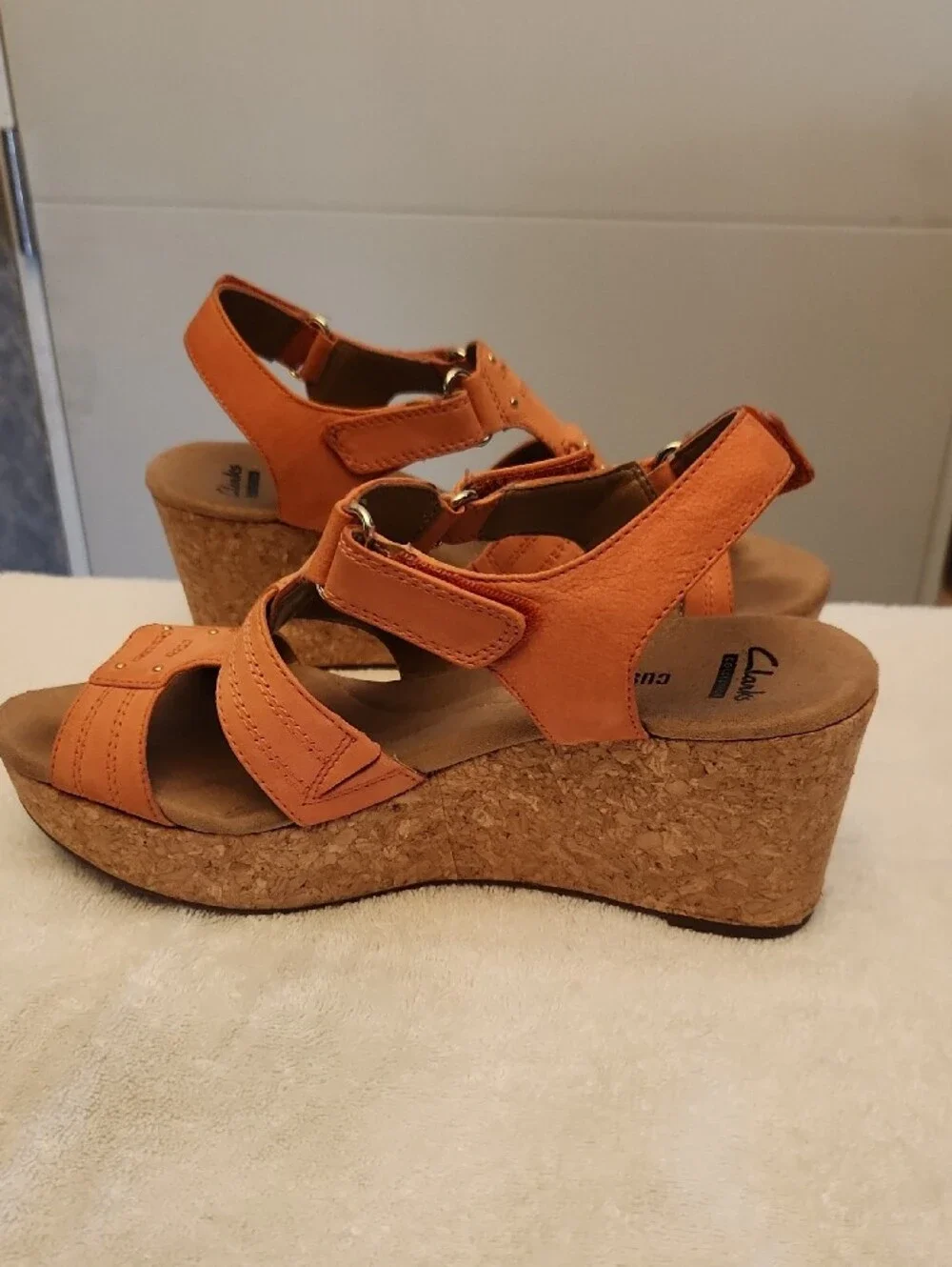 Clarks Women's Orange Cork Wedge Sandals, size 7.5